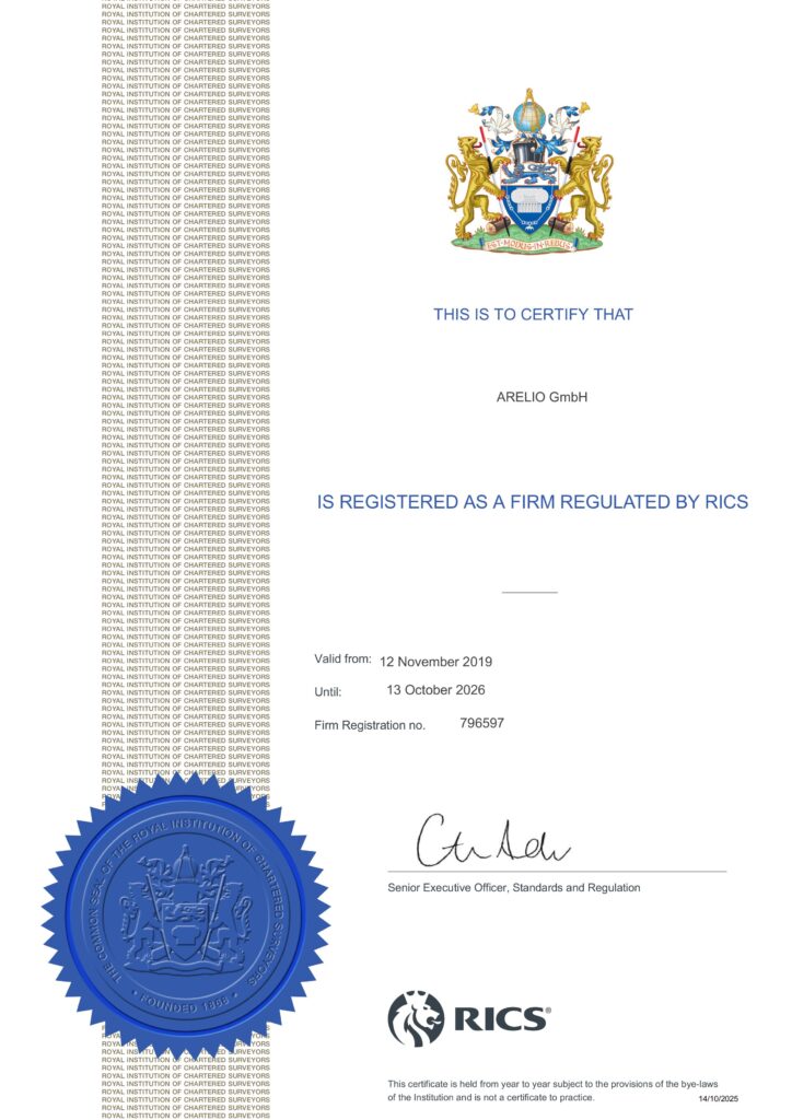 Regulated by RICS 2025 firm certificate for arelio gmbh